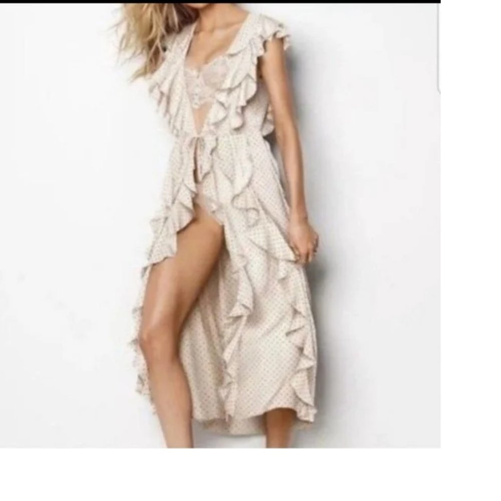 new victoria's secret satin ruffle sleeveless kimono robe xs s dot print